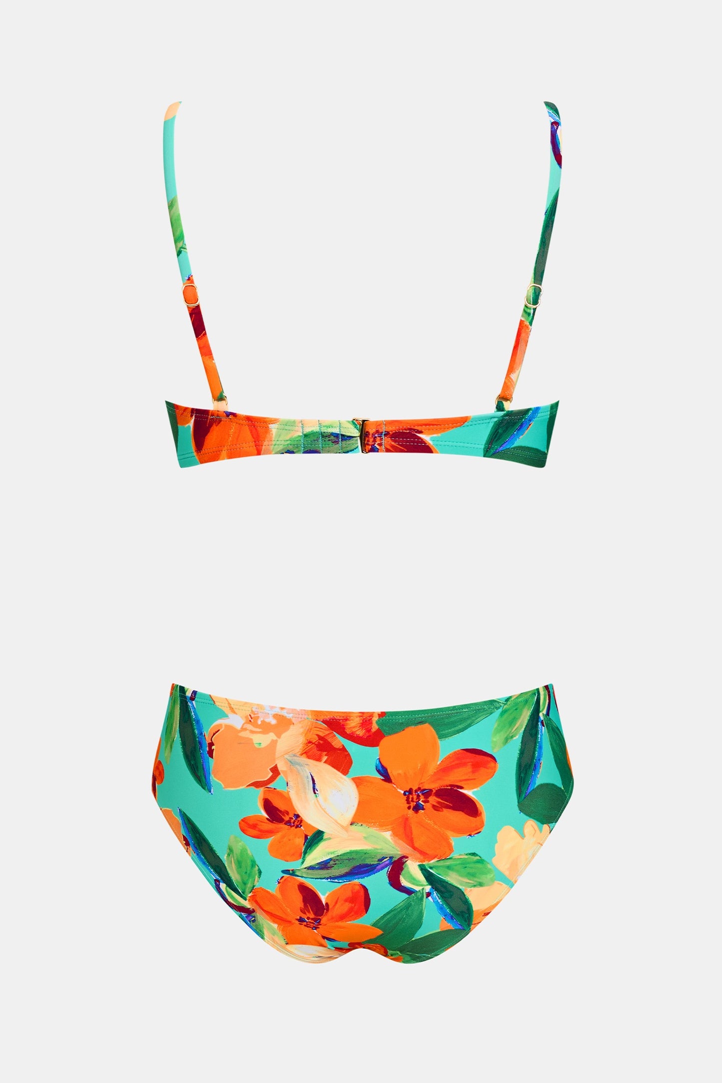 Bikini estampado floral con detalle dorado.